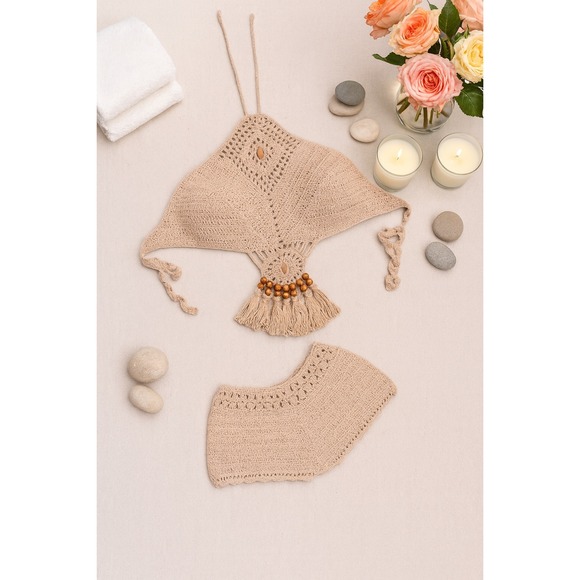 My Fly Closet Other - Boho Crochet Bralette Shorts Set Handmade Tassel Top Beaded Women